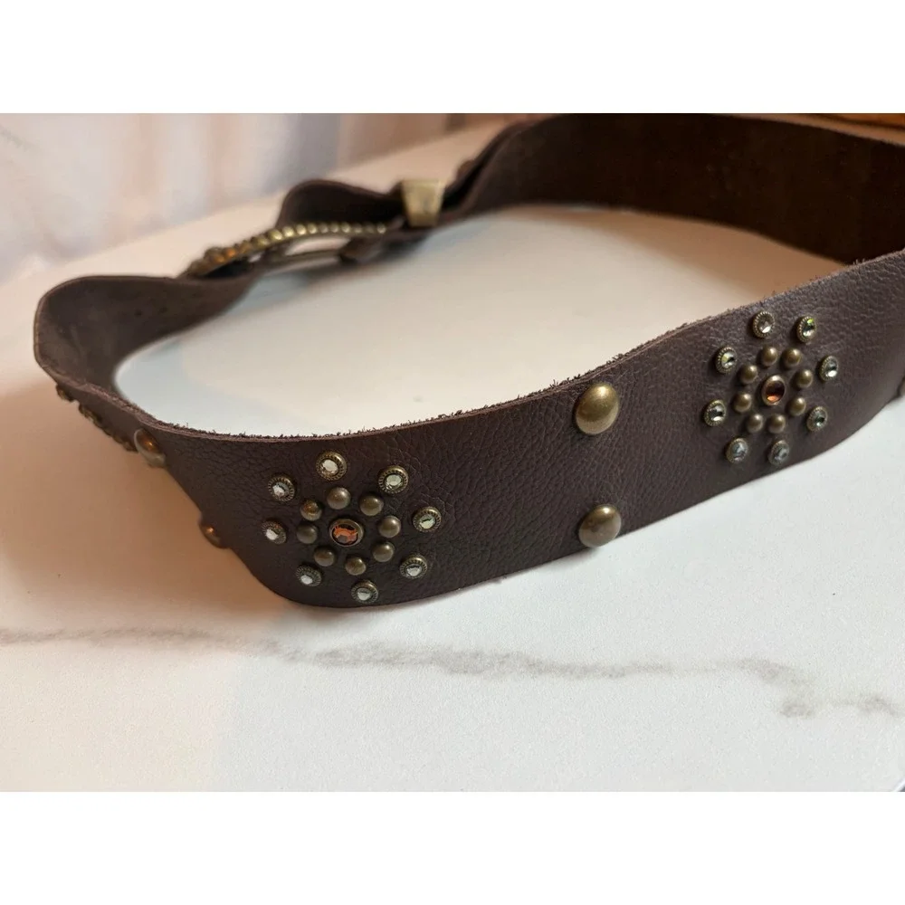 Vintage LEATHERROCK USA Brown Leather Western Rhinestone Belt Boho 41